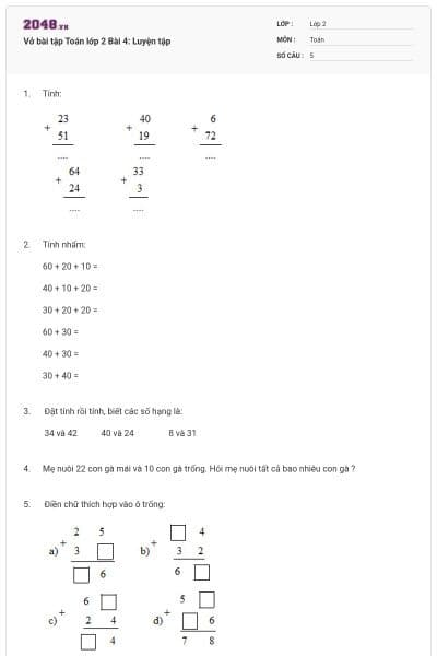 Vở bài tập Toán lớp 2 Bài 4: Luyện tập