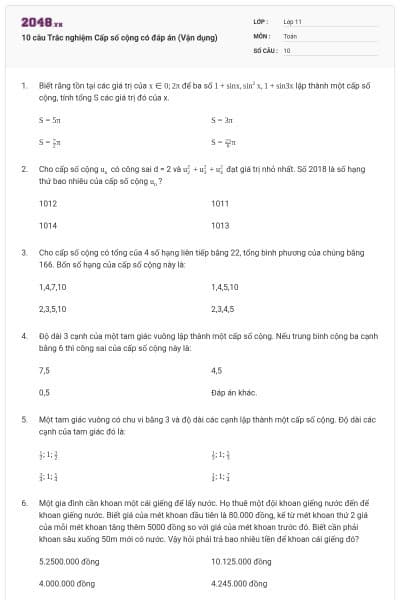 10 câu Trắc nghiệm Cấp số cộng có đáp án (Vận dụng)
