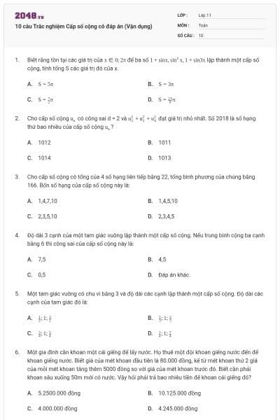 10 câu Trắc nghiệm Cấp số cộng có đáp án (Vận dụng)