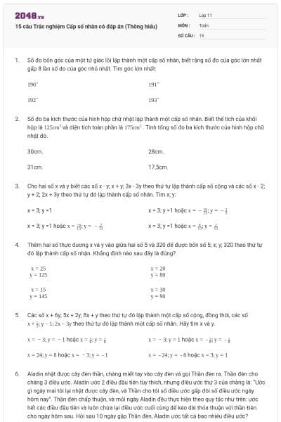 15 câu  Trắc nghiệm Cấp số nhân có đáp án (Thông hiểu)