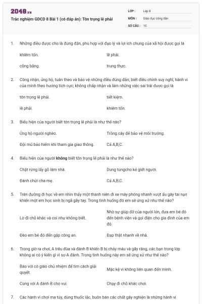 Trắc nghiệm GDCD 8 Bài 1 (có đáp án): Tôn trọng lẽ phải