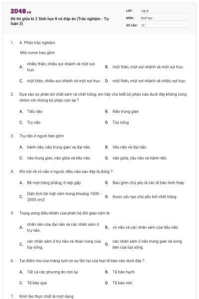 Đề thi giữa kì 2 Sinh học 8 có đáp án (Trắc nghiệm - Tự luận 3)