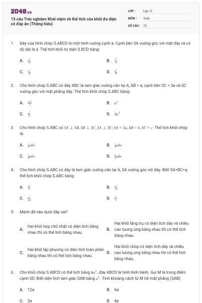 15 câu Trắc nghiệm Khái niệm về thể tích của khối đa diện có đáp án (Thông hiểu)