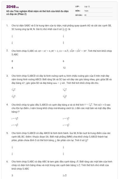 60 câu Trắc nghiệm Khái niệm về thể tích của khối đa diện có đáp án (Phần 2)