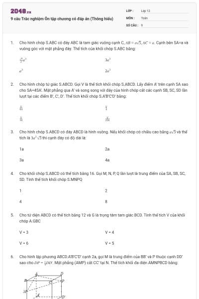 9 câu Trắc nghiệm Ôn tập chương có đáp án (Thông hiểu)
