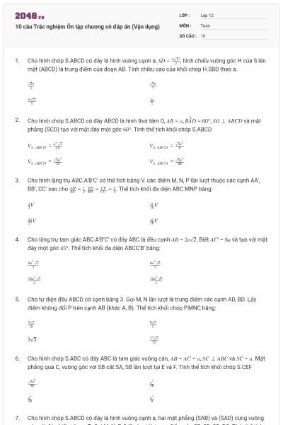 10 câu  Trắc nghiệm Ôn tập chương có đáp án (Vận dụng)