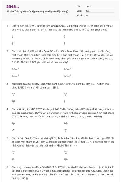18 câu  Trắc nghiệm Ôn tập chương có đáp án (Vận dụng)