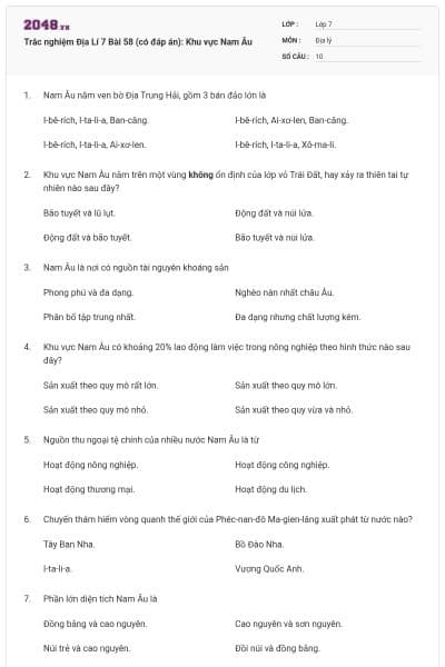 Trắc nghiệm Địa Lí 7 Bài 58 (có đáp án): Khu vực Nam Âu