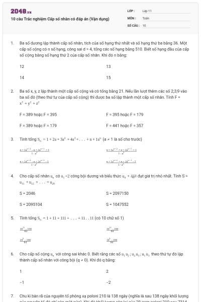 10 câu Trắc nghiệm Cấp số nhân có đáp án (Vận dụng)