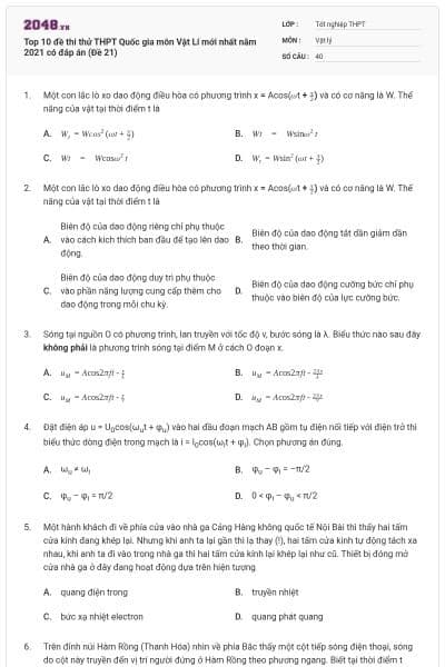 Top 10 đề thi thử THPT Quốc gia môn Vật Lí mới nhất năm 2021 có đáp án (Đề 21)