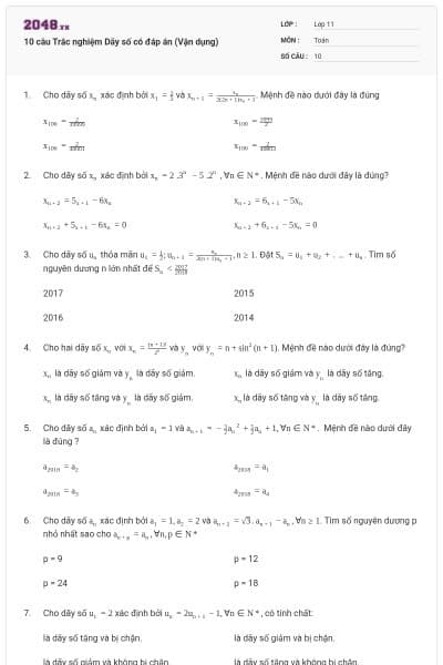 10 câu Trắc nghiệm Dãy số có đáp án (Vận dụng)