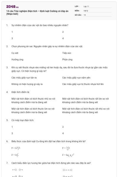 14 câu Trắc nghiệm Điện tích – Định luật Culông có đáp án (Nhận biết)