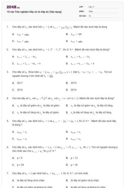 10 câu Trắc nghiệm Dãy số có đáp án (Vận dụng)
