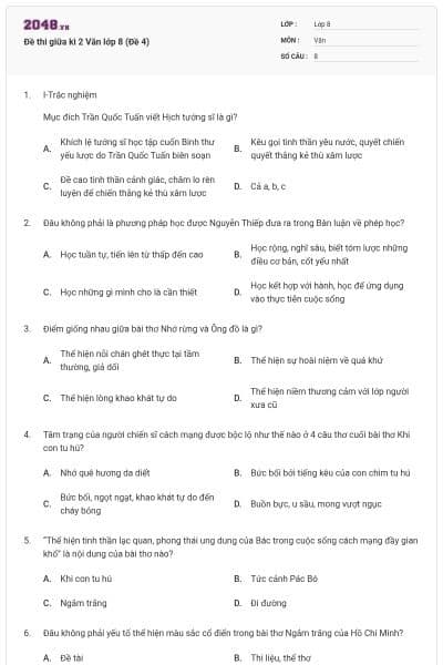 Đề thi giữa kì 2 Văn lớp 8 (Đề 4)