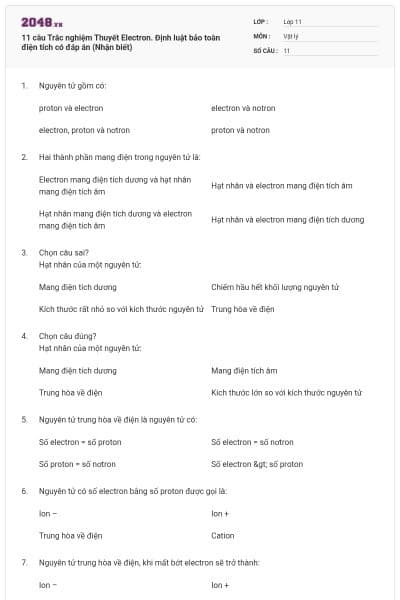 11 câu Trắc nghiệm Thuyết Electron. Định luật bảo toàn điện tích có đáp án (Nhận biết)