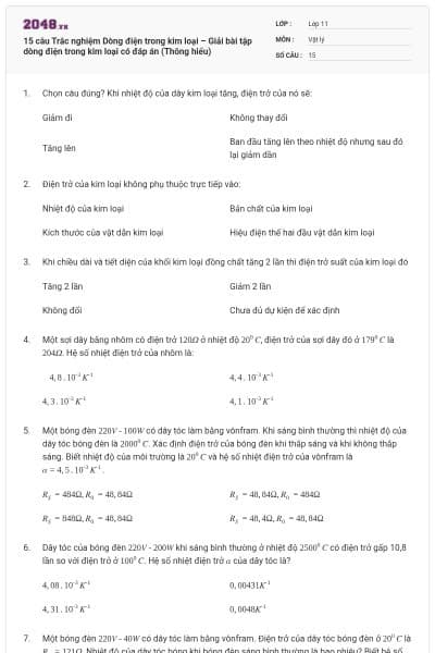 15 câu Trắc nghiệm Dòng điện trong kim loại – Giải bài tập dòng điện trong kim loại có đáp án (Thông hiểu)