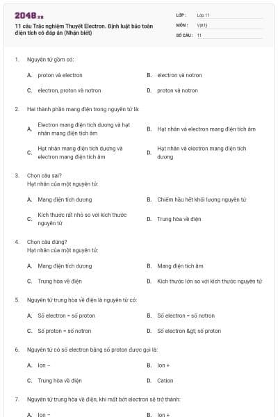 11 câu Trắc nghiệm Thuyết Electron. Định luật bảo toàn điện tích có đáp án (Nhận biết)