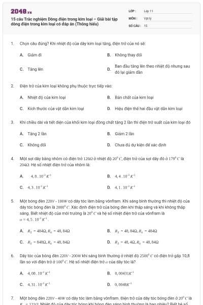 15 câu Trắc nghiệm Dòng điện trong kim loại – Giải bài tập dòng điện trong kim loại có đáp án (Thông hiểu)