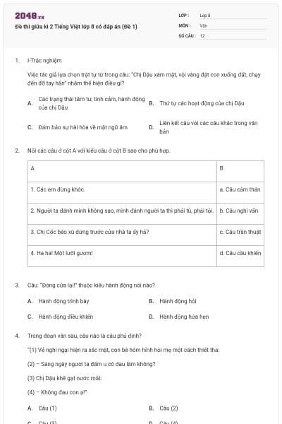 Đề thi giữa kì 2 Tiếng Việt lớp 8 có đáp án (Đề 1)