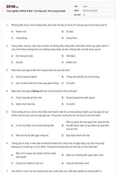 Trắc nghiệm GDCD 8 Bài 1 (có đáp án): Tôn trọng lẽ phải