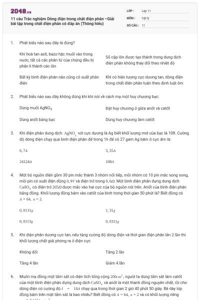 11 câu Trắc nghiệm Dòng điện trong chất điện phân –Giải bài tập trong chất điện phân có đáp án (Thông hiểu)