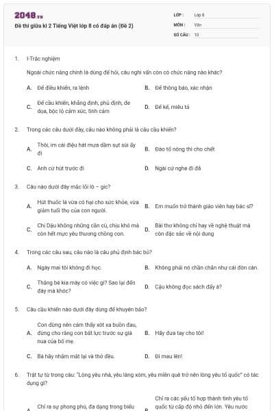 Đề thi giữa kì 2 Tiếng Việt lớp 8 có đáp án (Đề 2)
