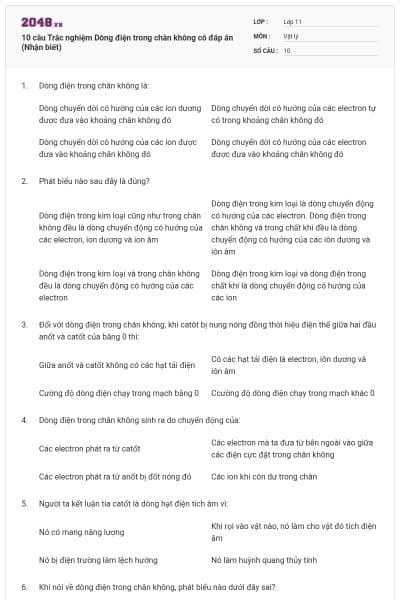 10 câu  Trắc nghiệm Dòng điện trong chân không có đáp án (Nhận biết)
