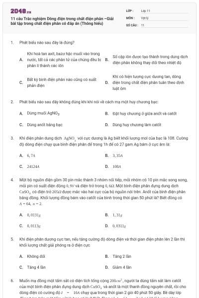 11 câu Trắc nghiệm Dòng điện trong chất điện phân –Giải bài tập trong chất điện phân có đáp án (Thông hiểu)
