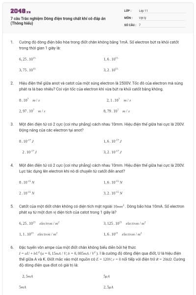 7 câu Trắc nghiệm Dòng điện trong chất khí có đáp án (Thông hiểu)