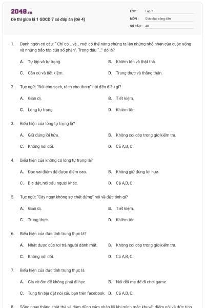 Đề thi giữa kì 1 GDCD 7 có đáp án (Đề 4)