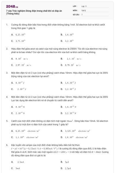7 câu Trắc nghiệm Dòng điện trong chất khí có đáp án (Thông hiểu)