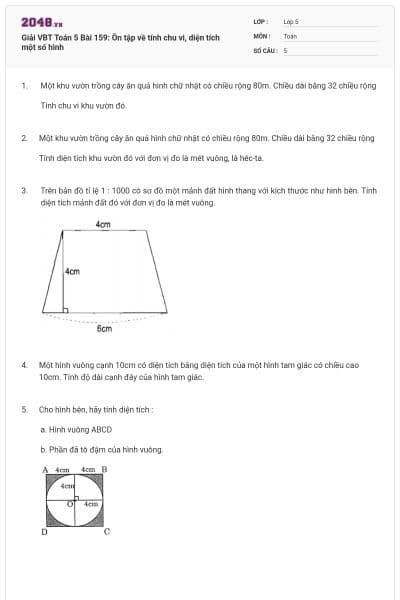 Giải VBT Toán 5 Bài 159: Ôn tập về tính chu vi, diện tích một số hình