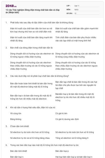 12 câu  Trắc nghiệm Dòng điện trong chất bán dẫn có đáp án (Nhận biết)
