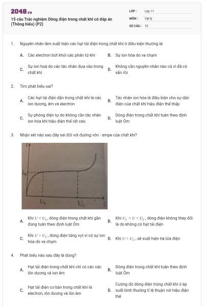 15 câu Trắc nghiệm Dòng điện trong chất khí có đáp án (Thông hiểu) (P2)