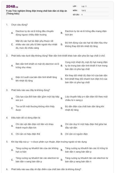 9 câu  Trắc nghiệm Dòng điện trong chất bán dẫn có đáp án (Thông hiểu)
