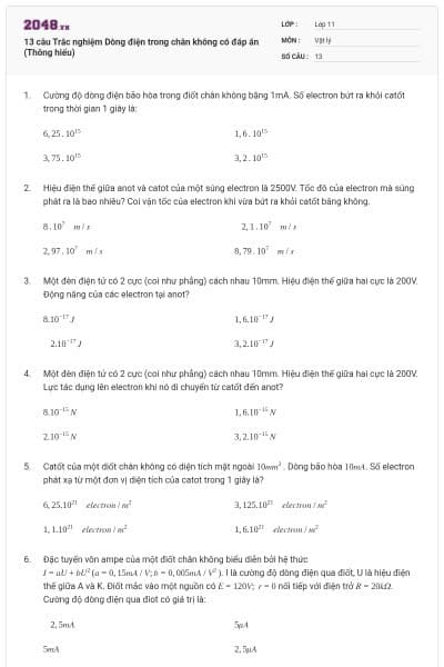 13 câu Trắc nghiệm Dòng điện trong chân không có đáp án (Thông hiểu)