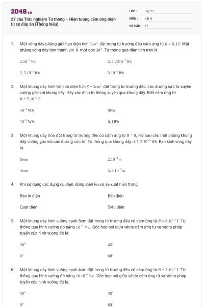 27 câu  Trắc nghiệm Từ thông – Hiện tượng cảm ứng điện từ có đáp án (Thông hiểu)