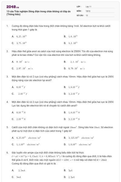 13 câu Trắc nghiệm Dòng điện trong chân không có đáp án (Thông hiểu)