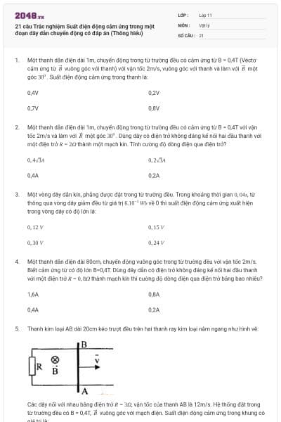 21 câu Trắc nghiệm Suất điện động cảm ứng trong một đoạn dây dẫn chuyển động có đáp án (Thông hiểu)