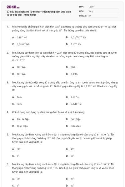 27 câu Trắc nghiệm Từ thông – Hiện tượng cảm ứng điện từ có đáp án (Thông hiểu)