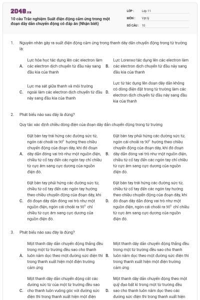 10 câu Trắc nghiệm Suất điện động cảm ứng trong một đoạn dây dẫn chuyển động có đáp án (Nhận biết)