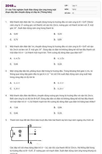 21 câu Trắc nghiệm Suất điện động cảm ứng trong một đoạn dây dẫn chuyển động có đáp án (Thông hiểu)