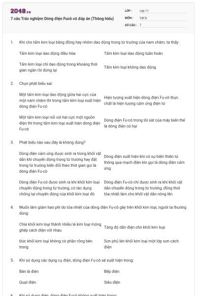 7 câu  Trắc nghiệm Dòng điện Fucô có đáp án (Thông hiểu)