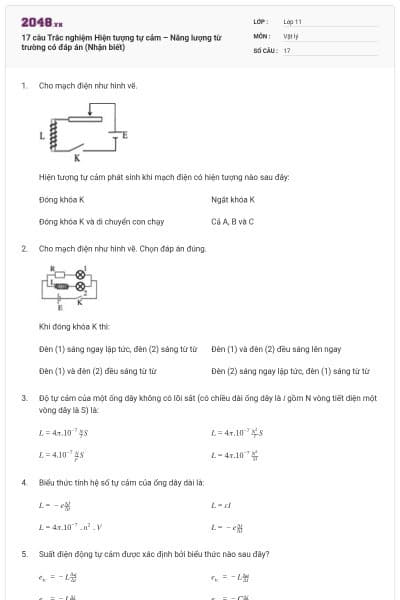 17 câu Trắc nghiệm Hiện tượng tự cảm – Năng lượng từ trường có đáp án (Nhận biết)