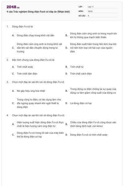 4 câu Trắc nghiệm Dòng điện Fucô có đáp án (Nhận biết)