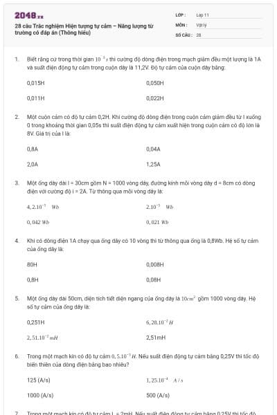 28 câu Trắc nghiệm Hiện tượng tự cảm – Năng lượng từ trường có đáp án (Thông hiểu)