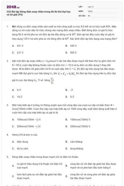 332 Bài tập Dòng điện xoay chiều trong đề thi thử Đại học có lời giải (P6)