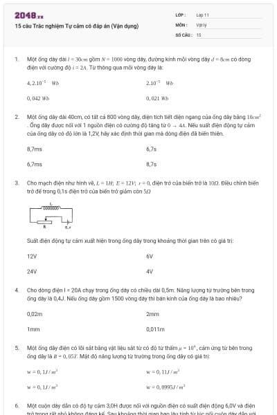 15 câu  Trắc nghiệm Tự cảm có đáp án (Vận dụng)
