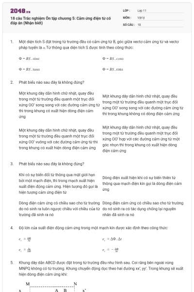 18 câu  Trắc nghiệm Ôn tập chương 5: Cảm ứng điện từ có đáp án (Nhận biết)