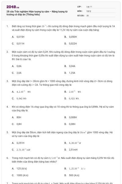 28 câu Trắc nghiệm Hiện tượng tự cảm – Năng lượng từ trường có đáp án (Thông hiểu)